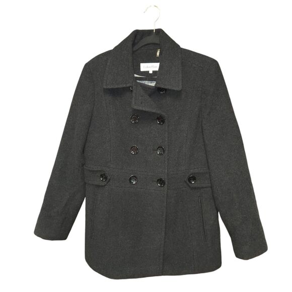 Calvin Klein Womens Size 8 Coat Black Wool Blend Double Breasted Peacoat Trench - Picture 1 of 12